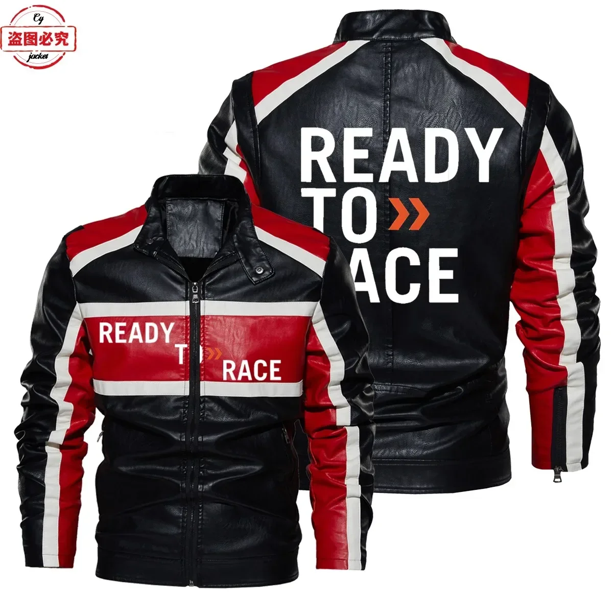 Leather Work Jacket With Hood - سترة جلدية مطبوعة بشعار Ready To
