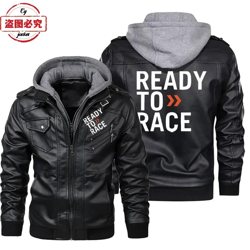 Leather Work Jacket With Hood - سترة جلدية مطبوعة بشعار Ready To