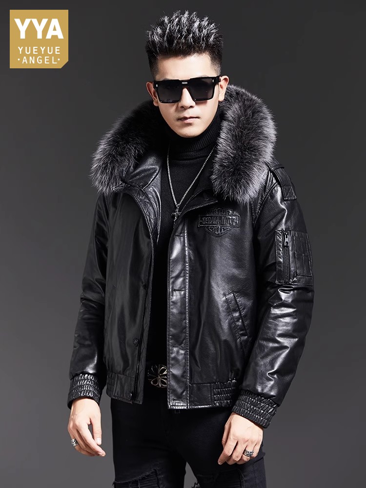 Leather Work Jacket With Hood - أزياء رجالي شتاء الثعلب الفراء طوق