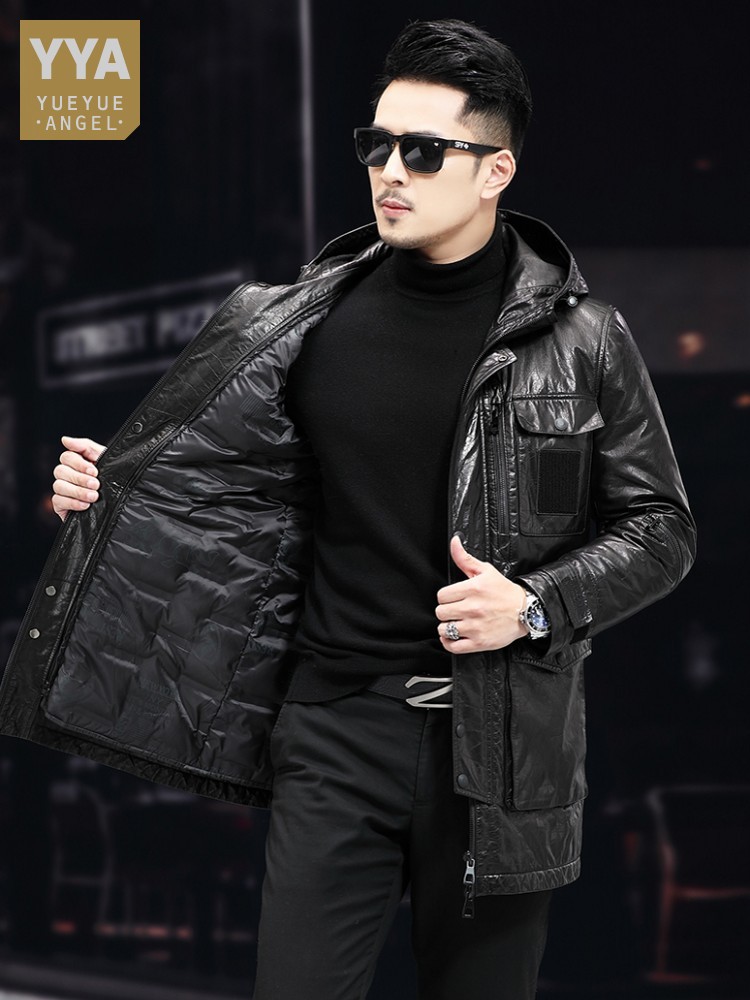 الرجال شتاء دافئ منتصف طويل ال - مراجعة Leather Work Jacket With Hood وسعره