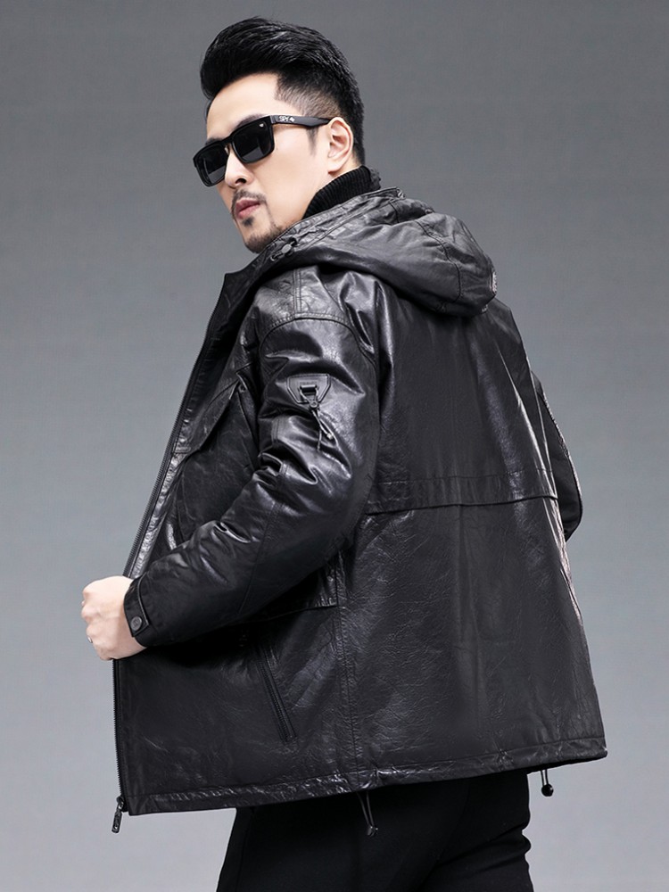 الشتاء الرجال الدافئة جلد الما - مراجعة Leather Work Jacket With Hood وسعره